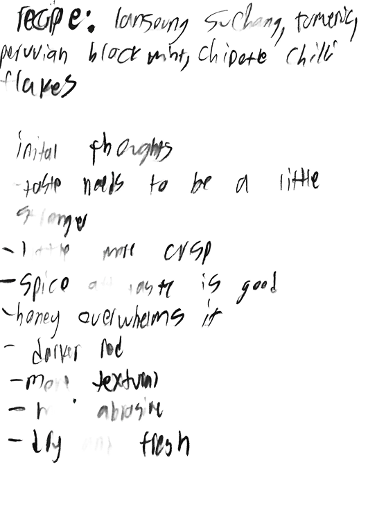Handwritten first impressions of a lapsang souchong, turmeric, black mint and chipotle blend.