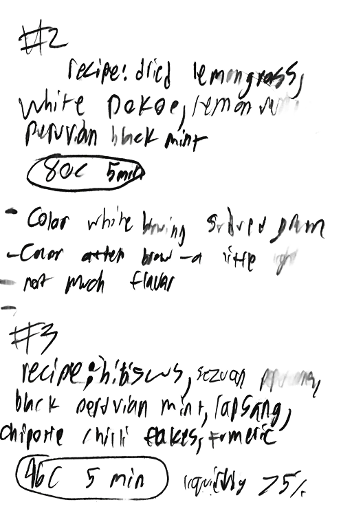 Handwritten tasting notes for blends #2 and #3, with brewing temperatures and steep times circled.