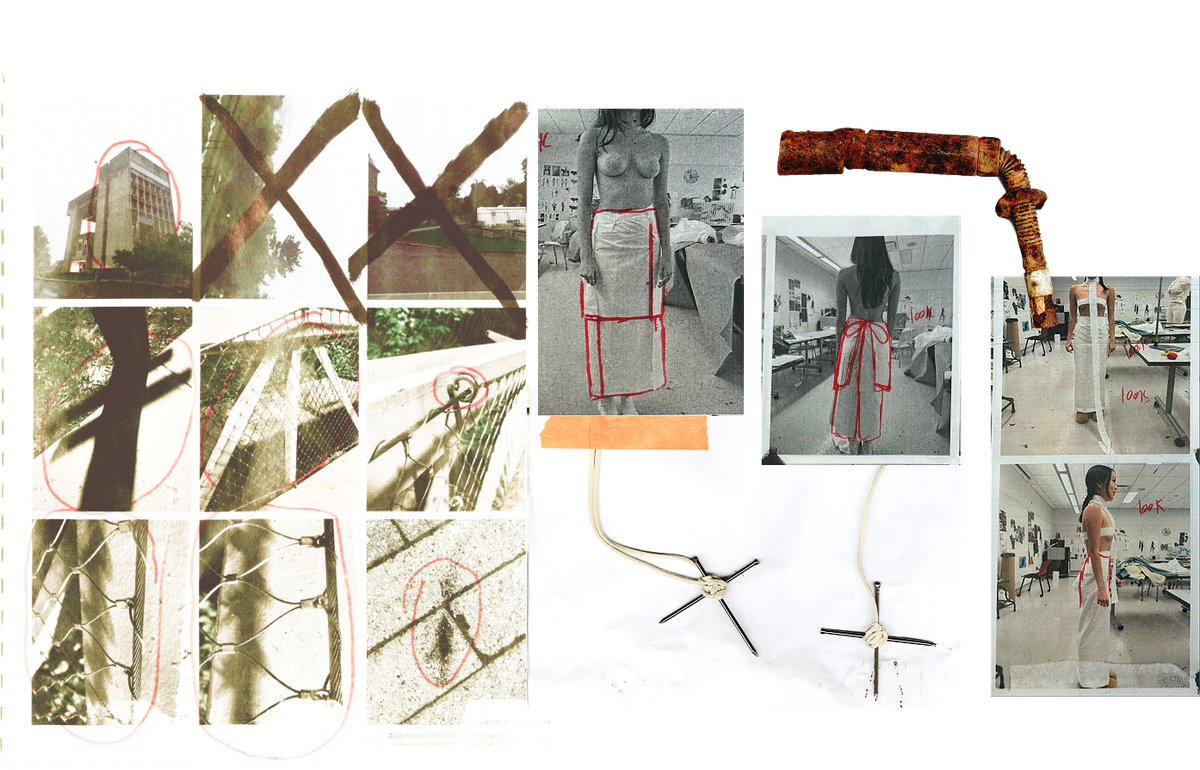 Process board: photographs of fencing and trees struck through in red, fitting photos marked up in red pen, a rusted pipe and two cross-shaped pendants.