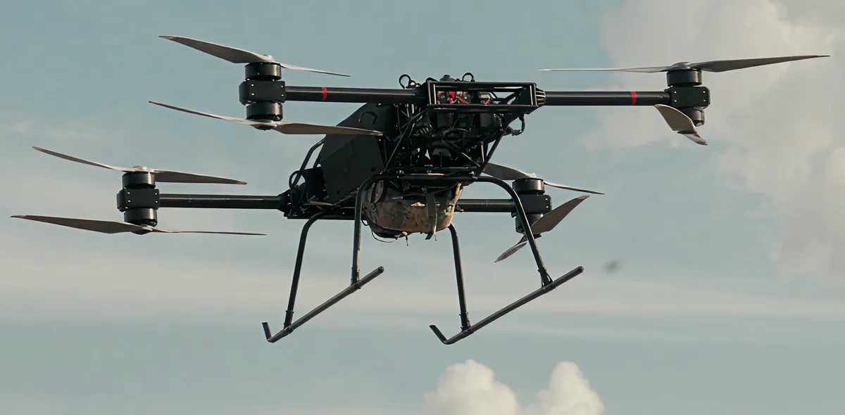 The Mavrik Hatchet drone in flight against a pale sky, payload slung beneath the frame.