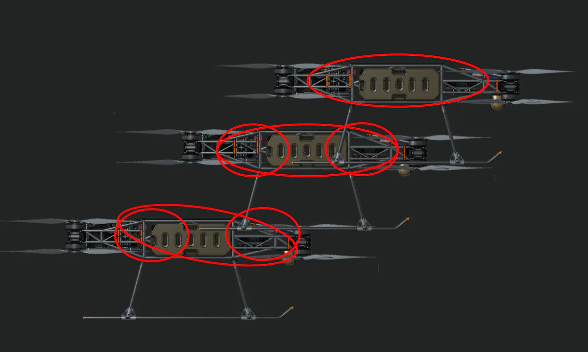 Three side elevations of the Hatchet airframe, with the body-panel zones circled in red.