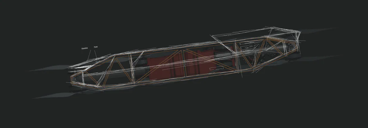 Wireframe study of the fuselage: the internal frame inside the panel shell.