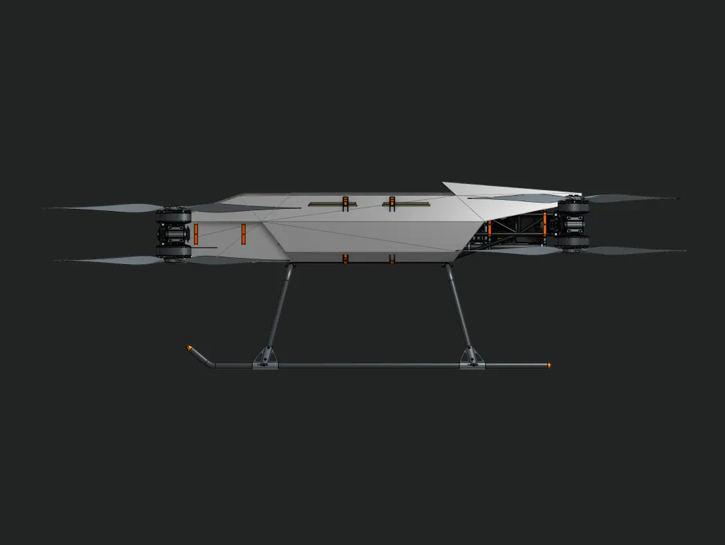 Side render of the finished panel exterior and landing skids.