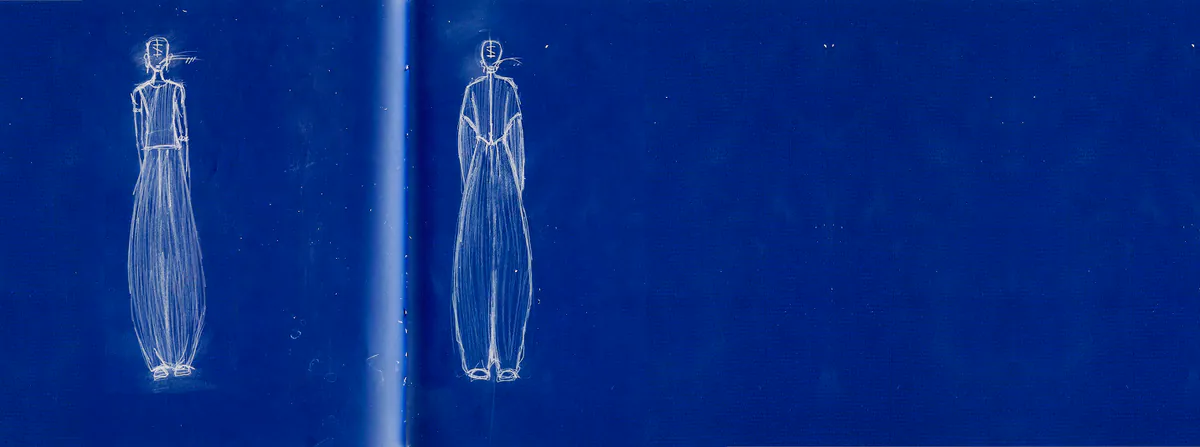 Blueprint sketches of two looks with full, ballooning trousers.