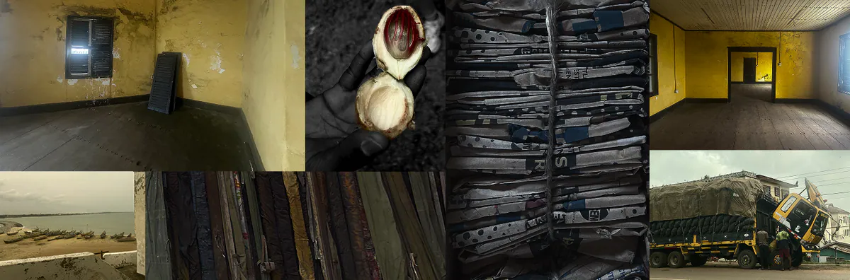 Reference collage: a peeling yellow room with a shuttered window, a split nutmeg in an open hand, bundled printed sacks, a long yellow hallway, fishing boats on the shore, hanging lengths of worn cloth, and an overloaded truck with its cab tipped forward.