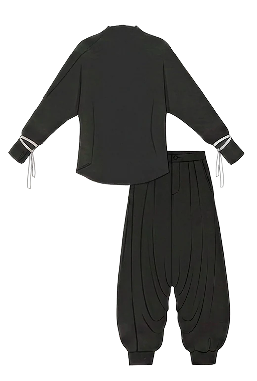 Technical flat: black jacket with a curved hem and white-lined cuffs with hanging ties, over the pleated trousers.