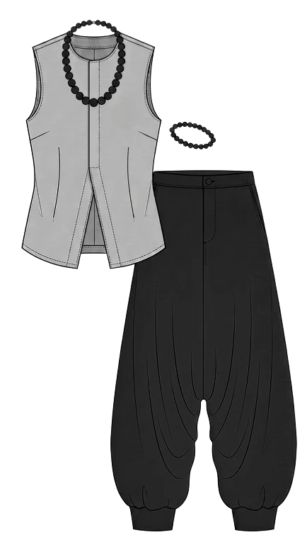 Technical flat: sleeveless split-front vest with a beaded necklace and bracelet, over pleated trousers gathered at the ankle.