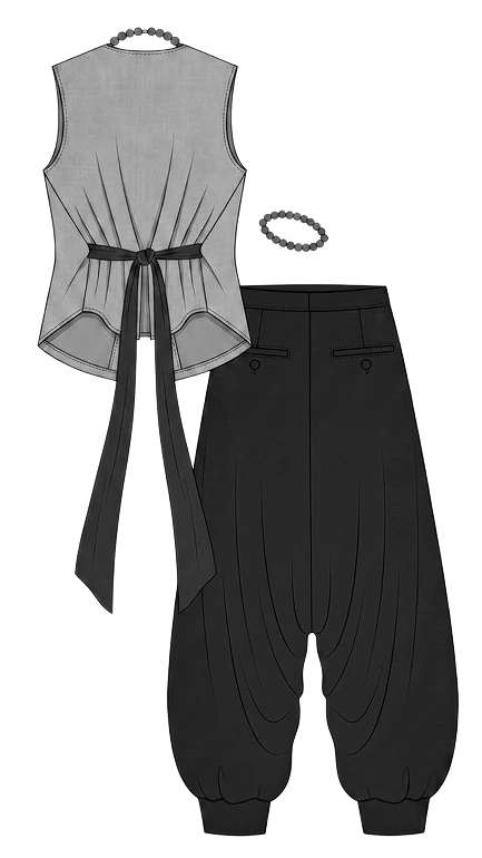 Back view of the vest with a long tie at the waist, over the pleated trousers.