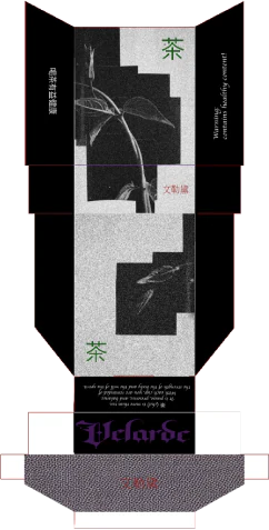 Flat dieline for a tea pack: black-and-white plant imagery, the 茶 character and the Velarde wordmark.