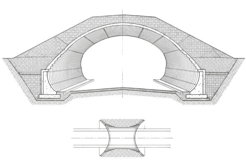 Section drawing of an arched threshold on the route to the venue.