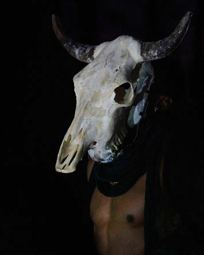 A model wearing a cattle-skull mask at night.